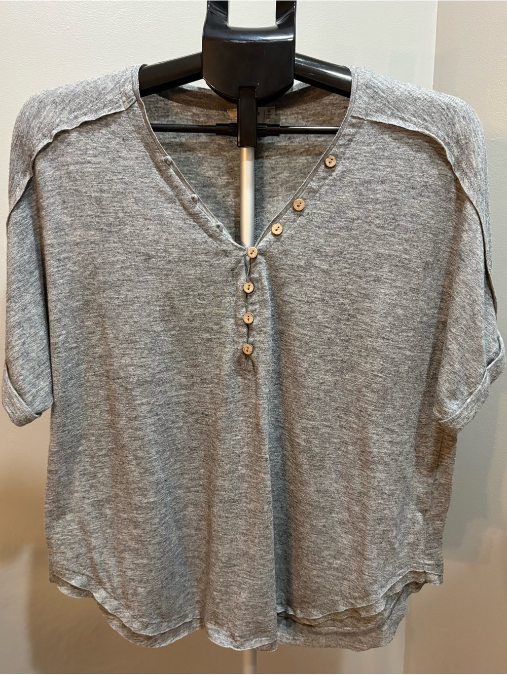Women's Gray Short Sleeve Henley Button Top